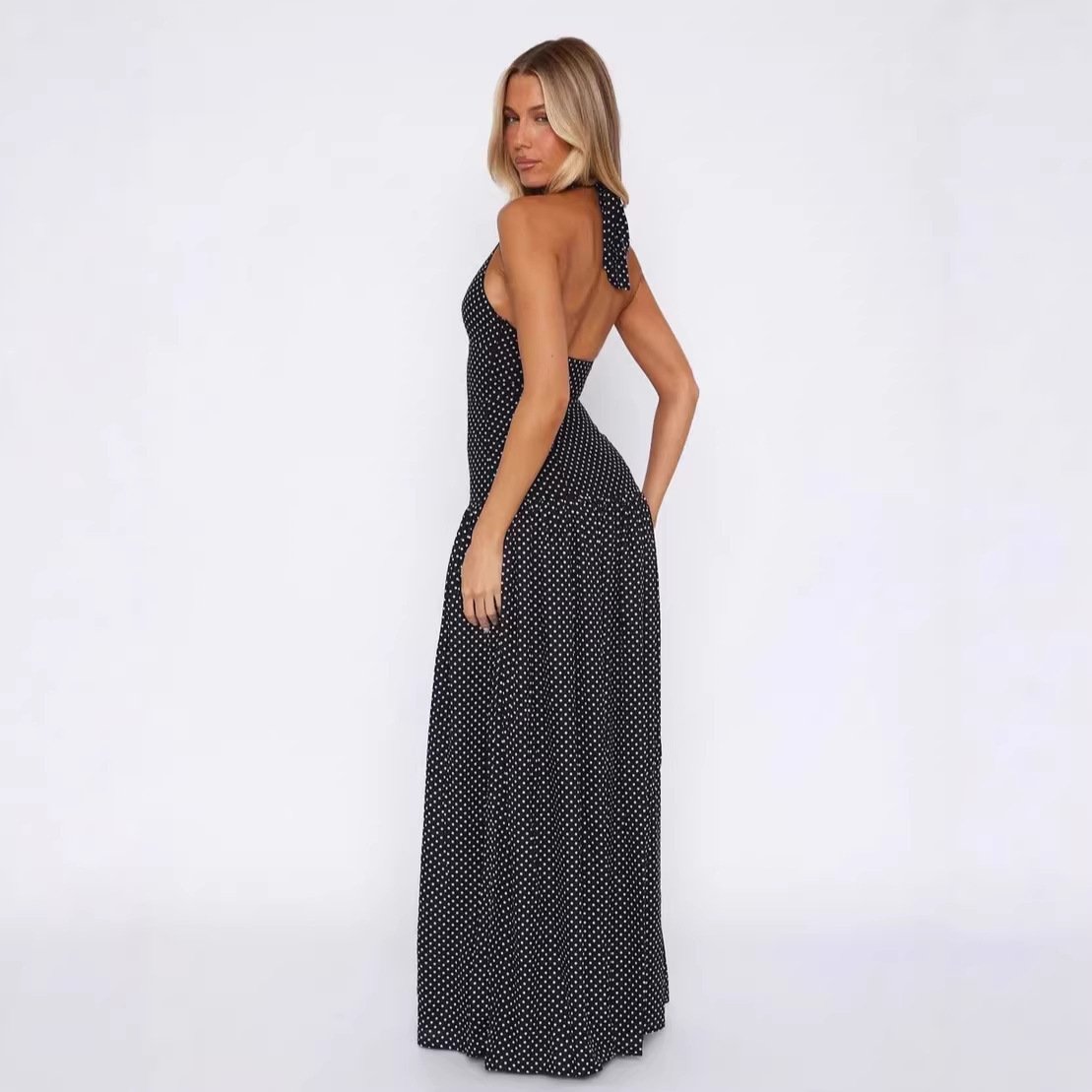 Split-waist Polka-dot Backless V-neck Dress - Image 3
