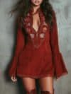 Womens Solid-Colored Patchwork Lace Embroidered Long-Sleeve Dress