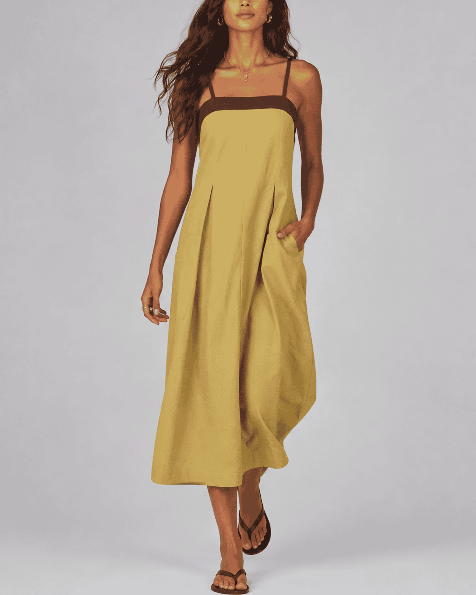 Casual Contrast-Trim Cotton-Linen Maxi Dress with Pockets - Image 5