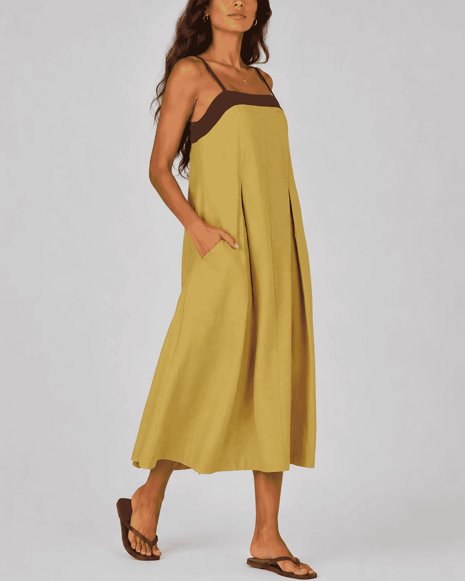 Casual Contrast-Trim Cotton-Linen Maxi Dress with Pockets - Image 4