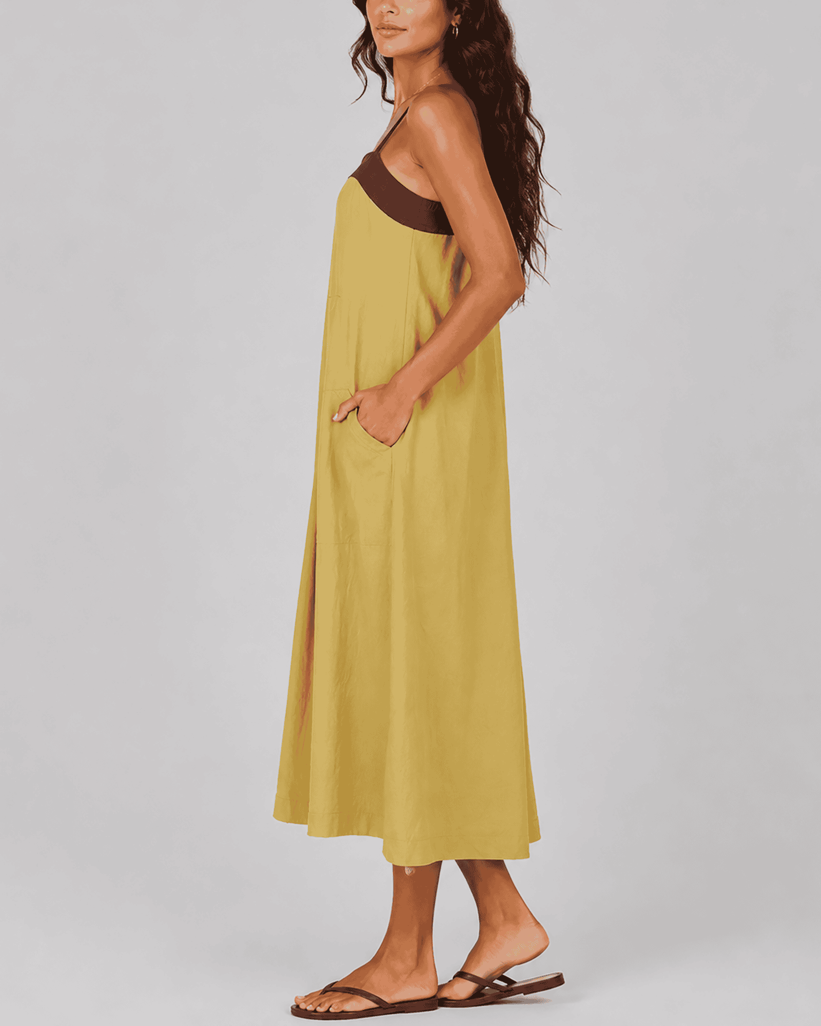 Casual Contrast-Trim Cotton-Linen Maxi Dress with Pockets - Image 3