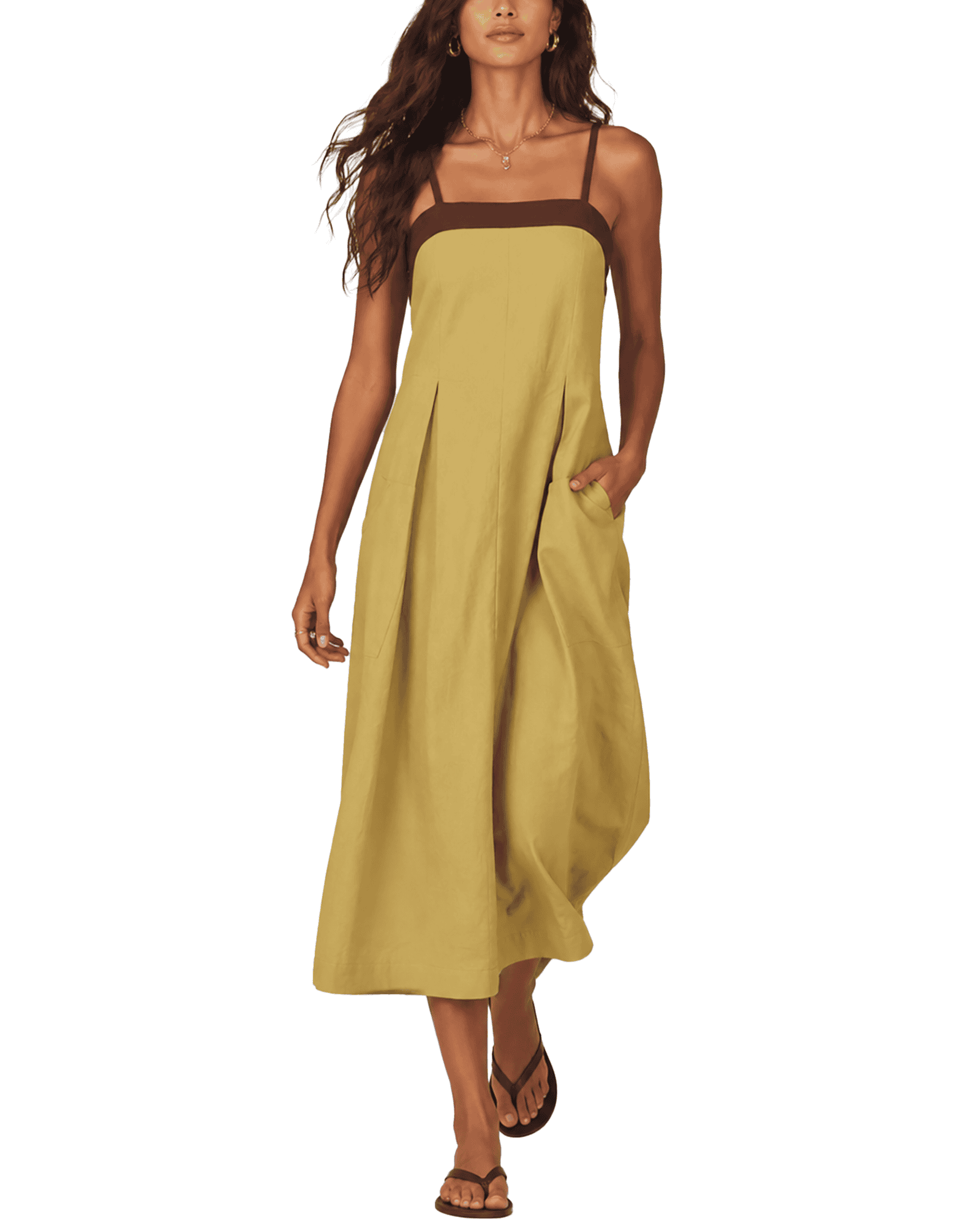Casual Contrast-Trim Cotton-Linen Maxi Dress with Pockets